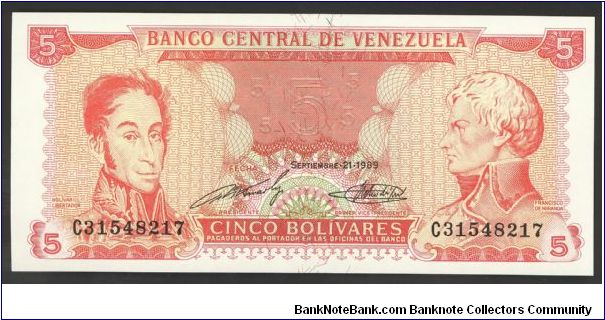 Venezuala 5 Bolivares 1989 P70. Banknote