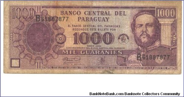 Like #201 207 213 214 but with anniversary text below date.

Purple on multicolour underprint. Mariscal Francisco Solano Loez at right. National shrire on back. Two signature varieties.

Black serial # upper left and lower right.

Printer: F-CO. Banknote