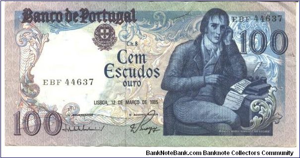 Dark blue on multicolour underprint. Manuel M. B. de Bocage seated at right and as watermark. Early 19th century scene of Rossio Square in Lisbon on back. Banknote