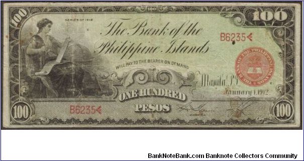 p11b 1912 100 Peso Bank of the Philippine Islands Banknote