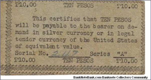 S-127 RARE Emergency Script of the Philippines 10 Pesos note. I will sell or trade this note for Philippine or Japan occupation notes that I need. Banknote