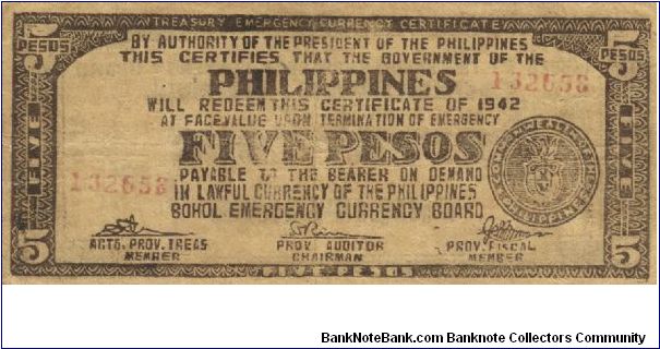 S-136d Bohol 5 Pesos note. I will sell or trade this note for Philippine or Japan occupation notes I need. Banknote