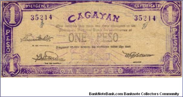 S-187 Cagayan 1 Peso note. I will sell or trade this note for Philippine or Japan occupation notes I need. Banknote