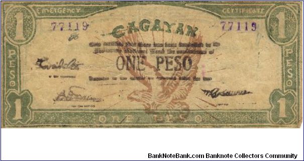 S-188 Cagayan 1 Peso note (green). I will sell or trade this note for either Philippine or Japan occupation notes I need. Banknote