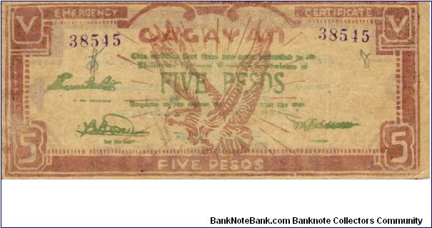 S-191a Cagayan 5 Pesos note. I will sell or trade this note for either Philippine or Japan occupation notes I need. Banknote