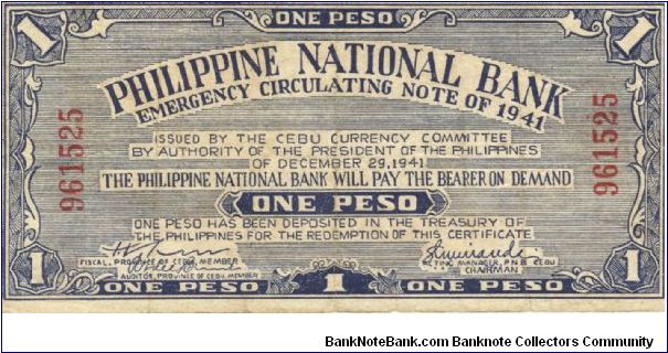 S-215 Cebu 1 Peso note. I will trade or sell this note for either Philippine or Japan occupation notes I need. Banknote