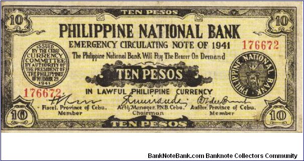 S-217b Cebu 10 Pesos note. I will sell or trade this note for either Philippine or Japan occupation notes I don't have. Banknote