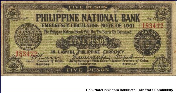 S-219 Cebu 5 Pesos note. I will sell or trade this note for either Philippine or Japan occupation notes I need. Banknote