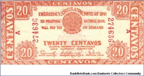 S-303 Iloilo 20 Centavos note. I will sell or trade this note for Philippine or Japan occupation notes I need. Banknote