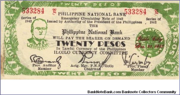 S-315 Iloilo 20 Pesos note. I will sell or trade this note for Philippine or Japan occupation notes I need. Banknote