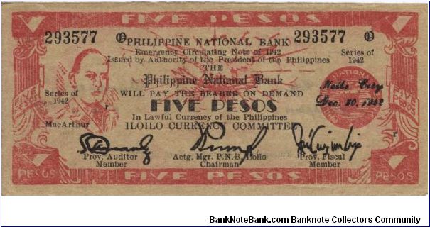 S-316 Iloilo 5 Pesos note. I will sell or trade this note for Philippine or Japan occupation notes I need. Banknote