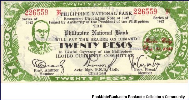 S-318a Iloilo 20 Pesos note. I will sell or trade this note for Philippine or Japan occupation notes I need. Banknote