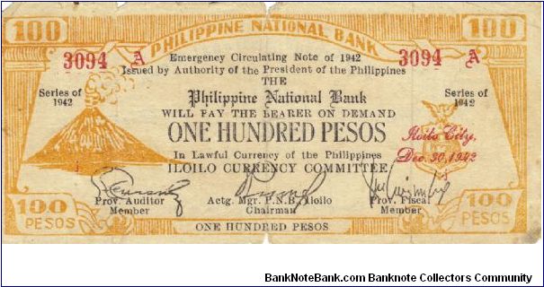 S-322 Iloilo 100 Pesos note. I will sell or trade this note for Philippine or Japan occupation notes I need. Banknote