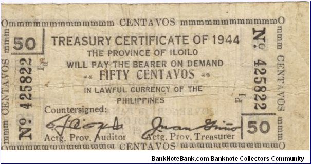 S-335 Iloilo 50 Centavos Treasury Certificate. I will sell or trade this note for Philippine or Japan occupation notes I need. Banknote