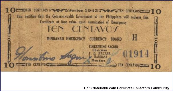 S-482a Mindanao 10 Centavos note. THIS NOTE IS RARE IN ANY CONDITION. I will sell or trade this note for Philippine or Japan occupation notes I need. Banknote