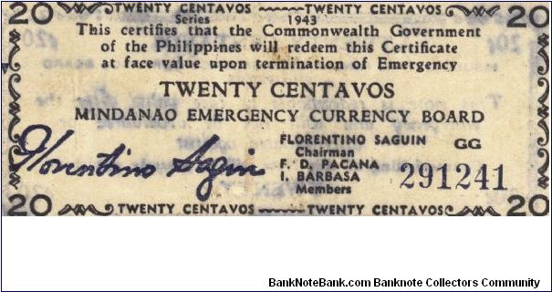 S-503 Mindanao 20 Centavos note. I will sell or trade this note for Philippine or Japan occupation notes I need. Banknote