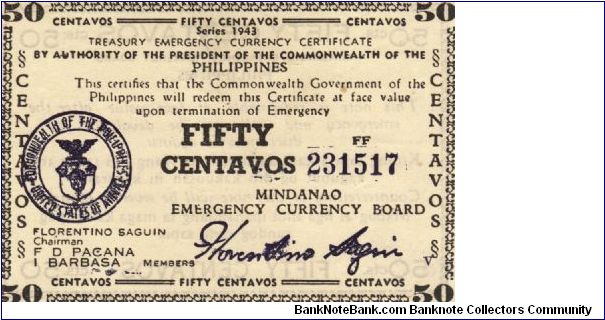 S-504 Mindanao 50 Centavos note. I will sell or trade this note for Philippine or Japan occupation notes I need. Banknote