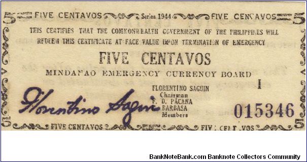 S-511 Mindanao 5 Centavos note. NOT LISTED IN THIS CONDITION. I will sell or trade this note for Philippine or Japan occupation notes I need. Banknote