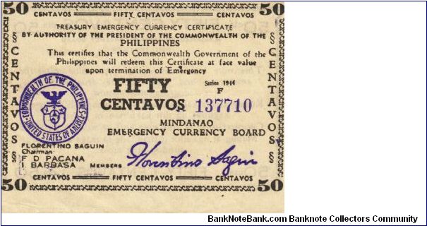 S-514a Mindanao 50 Centavos note. I will sell or trade this note for Philippine or Japan occupation notes I need. Banknote