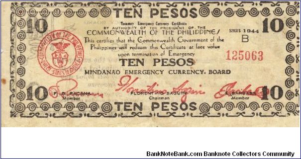 S-518a Mindanao 10 Pesos note. I will sell or trade this note for Philippine or Japan occupation notes I need. Banknote