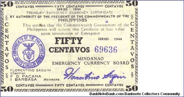 S-522b Mindanao 50 Centavos note. I will sell or trade this note for Philippine or Japan occupation notes I need. Banknote