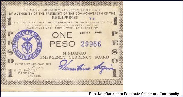 S-523d Mindanao 1 Peso note. I will sell or trade this note for Philippine or Japan occupation notes I need. Banknote