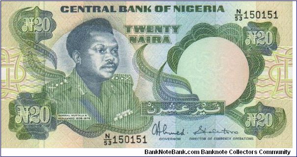 20 Naira;  Nigerian Coat of Arms on back Banknote