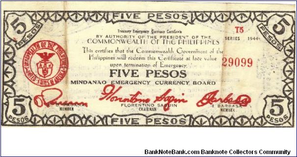 S-526c Mindanao 5 Pesos note. I will sell or trade this note for Philippine or Japan occupation notes I need. Banknote