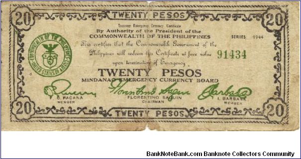 S-528a Mindanao 20 Pesos note. I will sell or trade this note for Philippine or Japan occupation notes I need. Banknote