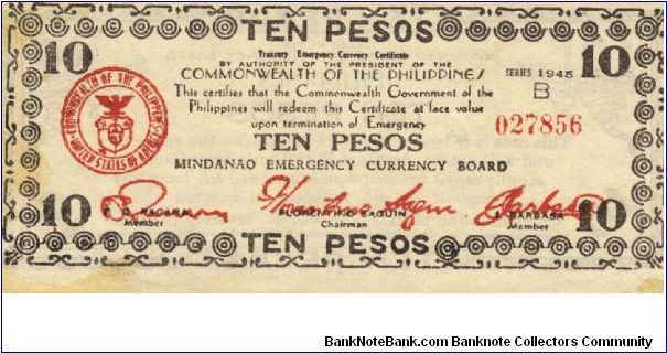 S-538 Mindanao 10 Pesos note. I will sell or trade this note for Philippine or Japan occupation notes I need. Banknote