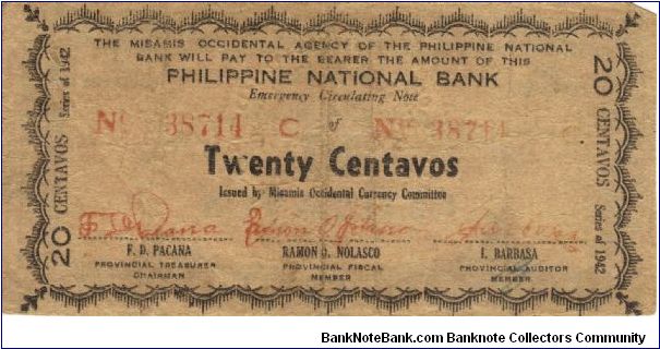 S-574 RARE Misamis 20 Centavos note. I will sell or trade this note for Philippine or Japan occupation notes I need. Banknote