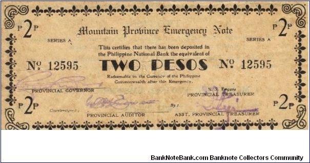 S-602 Mountain Province 2 Pesos note. I will sell or trade this note for Philippine or Japan occupation notes I need. Banknote