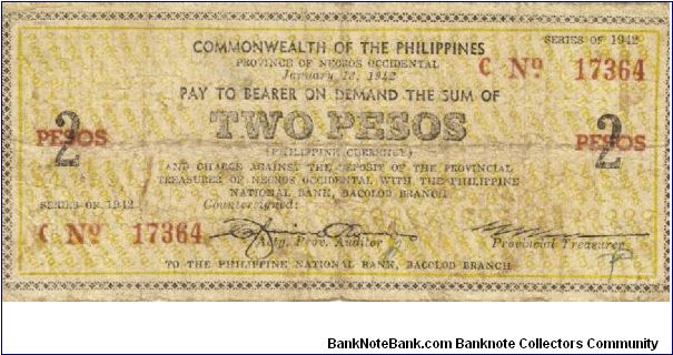 S-636 RARE Negros Occidential 2 Pesos note. I will sell or trade this note for Philippine or Japan occupation notes I need. Banknote