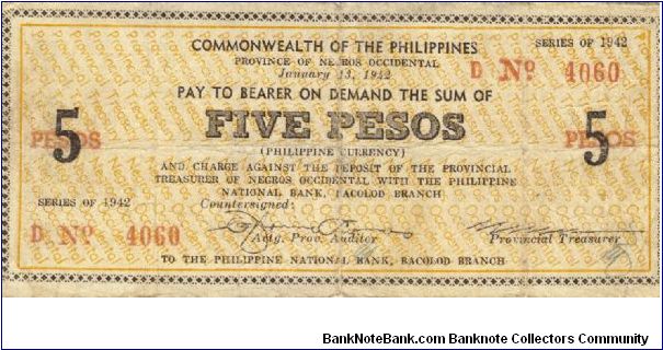 S-637 RARE Negros Occidential 5 Pesos note. I will sell or trade this note for Philippine or Japan occupation notes I need. Banknote