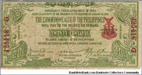 S-644 Negros Occidential 20 Centavos note. I will sell or trade this note for Philippine or Japan occupation notes I need. Banknote