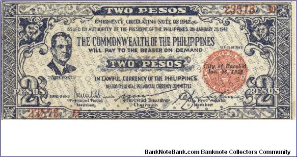 S-647a Negros Occidential 2 Pesos note. I will sell or trade this note for Philippine or Japan occupation notes I need. Banknote