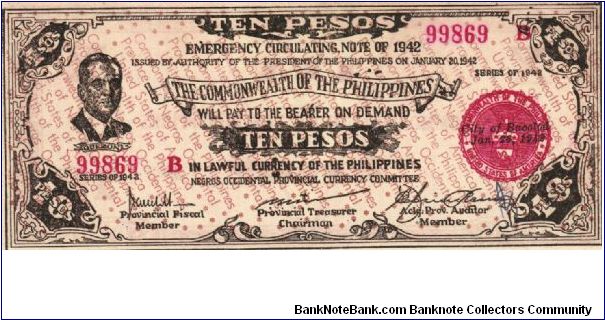 S-649c Negros Occidential 10 Pesos note. I will sell or trade this note for Philippine or Japan occupation notes I need. Banknote