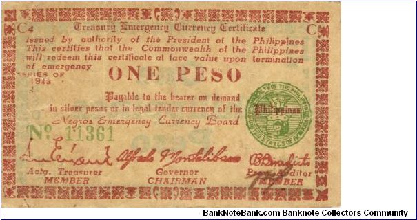 S-661a Negros Occidential 1 Peso note. I will sell or trade this note for Philippine or Japan occupation notes I need. Banknote