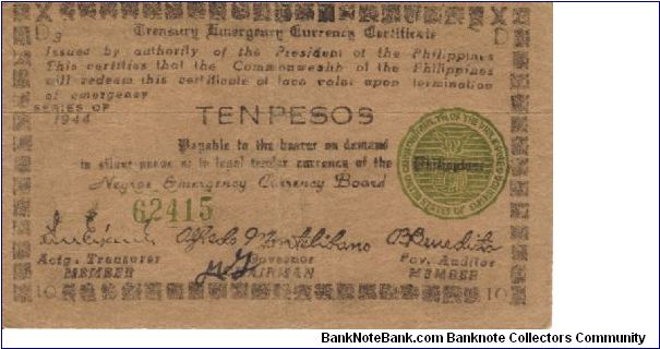 S-676a Negros 10 Pesos note. I will sell or trade this note for Philippine or Japan occupation notes I need. Banknote