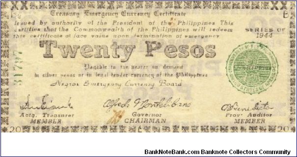 S-678 Negros 20 Pesos note. I will sell or trade this note for Philippine or Japan occupation notes I need. Banknote