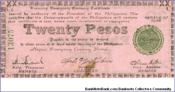 S-679 Negros 20 Pesos note. I will sell or trade this note for Philippine or Japan occupation notes I need. Banknote