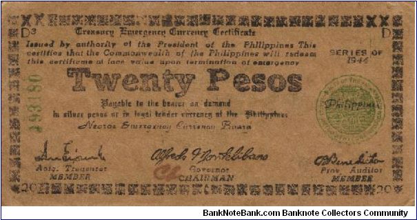 S-680 Negros 20 Pesos note. I will sell or trade this note for Philippine or Japan occupation notes I need. Banknote