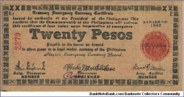 S-684 Negros 20 Pesos note - Tough note to find in this condition. I will sell or trade this note for Philippine or Japan occupation notes I need. Banknote