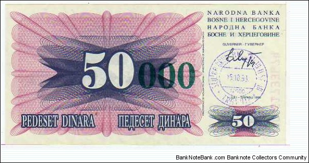 50'000 Dinara__
pk# 55a__
Ovpt on 50 Dinara
(Green)__
15-10-1993 
 Banknote