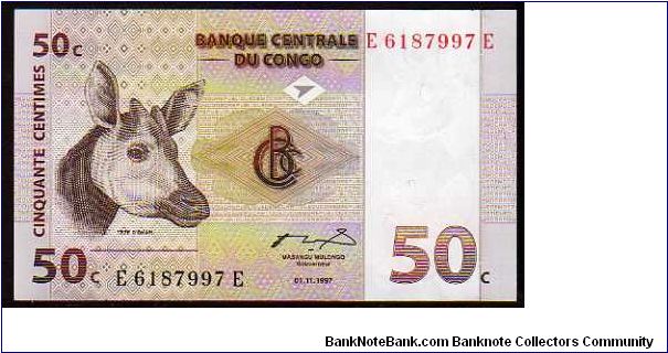 *DEMOCRATIC REPUBLIC*
__

50 Centimes__
pk# 84__01.11.1997 Banknote