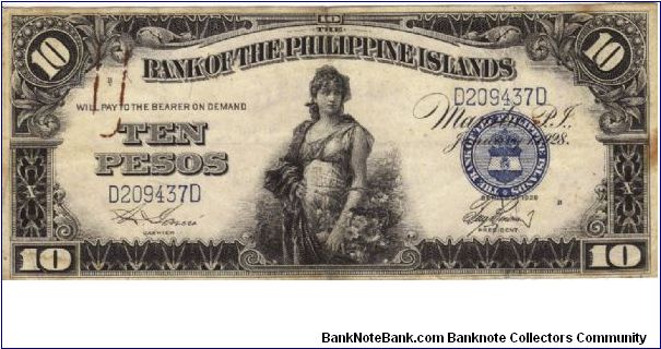 PI-17 Bank of the Philippine Islands 10 Pesos note. I will sell or trade this note for Philippine or Japan occupation notes I need. Banknote