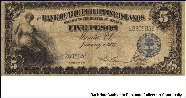 PI-22 Bank of the Philippines 5 Pesos note. I will sell or trade this note for Philippine or Japan occupation notes I need. Banknote