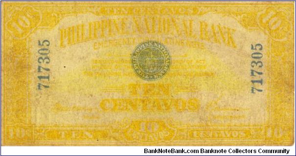 PI-39 Philippine National Bank 10 Centavos note. I will sell or trade this note for Philippine or Japan occupation notes I need. Banknote