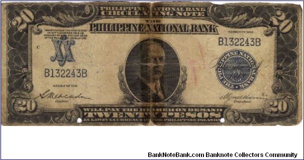 PI-55 Philippine National Bank 20 Pesos note. I will sell or trade this note for Philippine or Japan occupation notes I need. Banknote