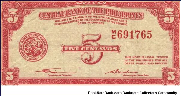 PI-125 Central Bank of the Philippines 5 Centavos note. I will sell or trade this note for Philippine or Japan occupation notes I need. Banknote
